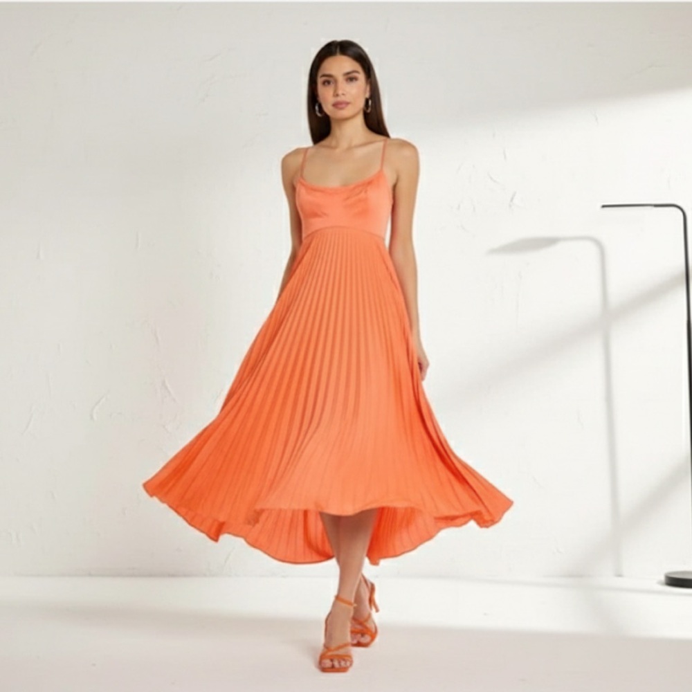 House of Harlow Orange Satin Pleated Midi Dress Size Large